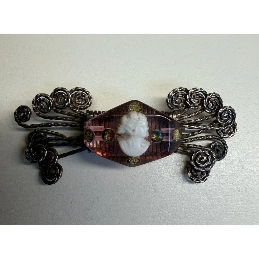 Vintage 1940s Pink Lucite Cameo Brooch Pin Hand Wrapped Wire Filigree Wings